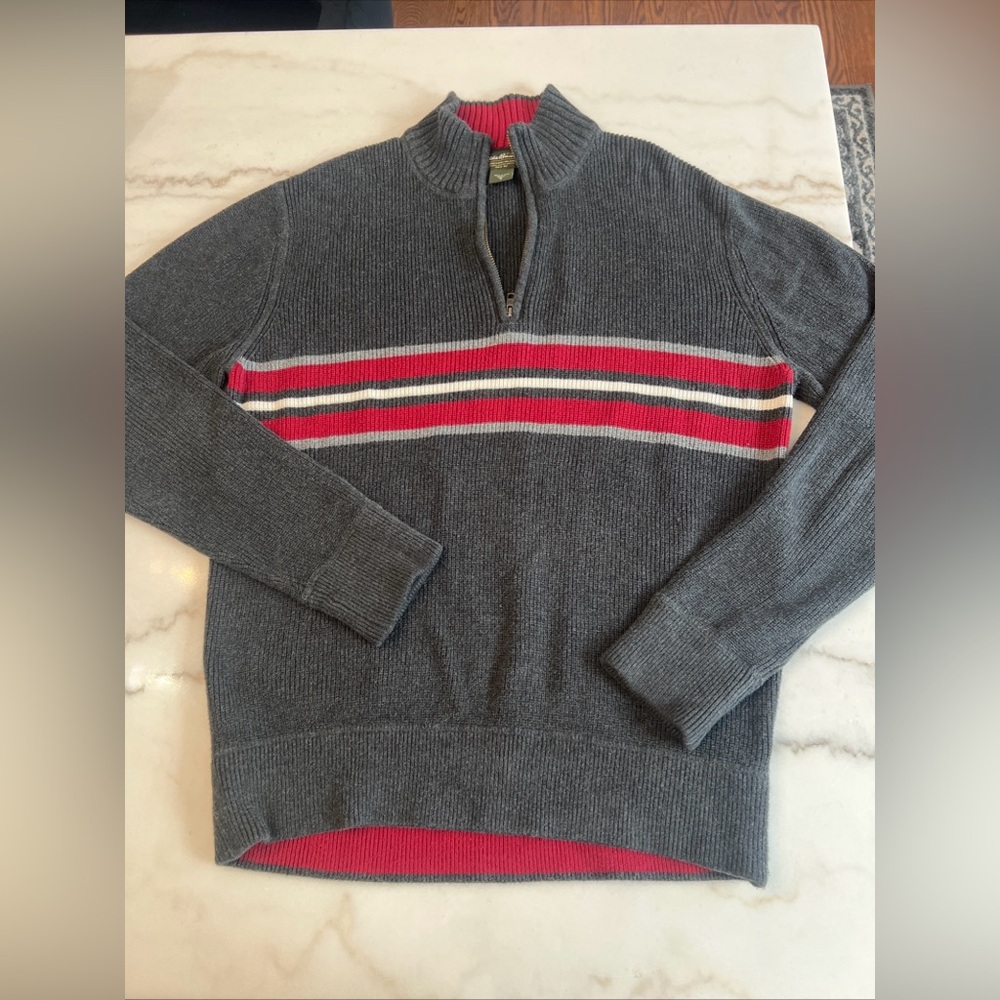 Eddie Bauer Men’s Quarter Zip Gray Sweater Red Stripes Size Medium Pullover